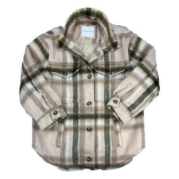 Y2k American Eagle Brushed Plaid Oversized Shacket Shaggy‎ Jacket Size Medium M - Picture 2 of 13